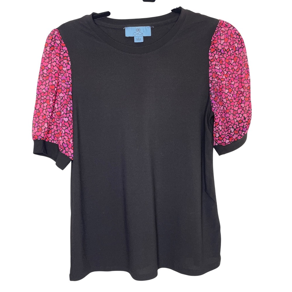 CeCe Black Top with Pink Patterned Puff Sleeves